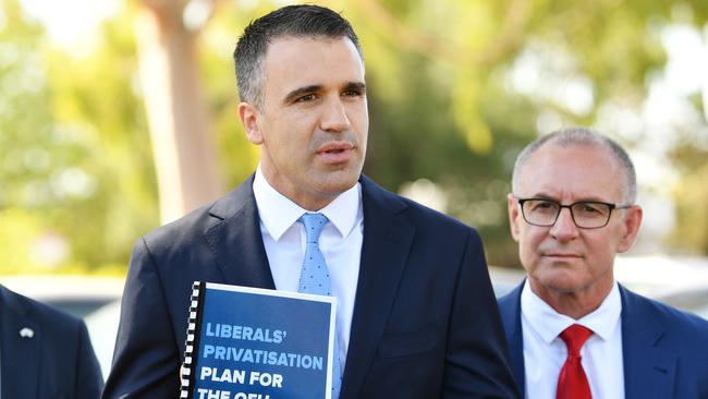 Labor MP Peter Malinauskas with former premier Jay Weatherill during the election campaign. Picture: AAP / David Mariuz