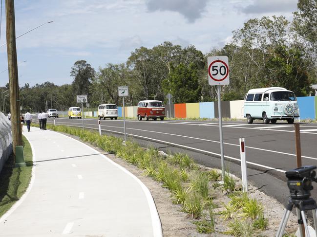 A convoy of Kombi vans were the first to travel along the new Byron Bay Bypass on Saturday, February 27, 2021. Picture: Liana Boss