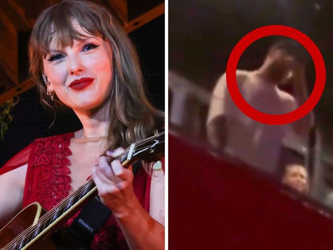 Travis Kelce was seen tearing up during Taylor Swift's surprise songs.