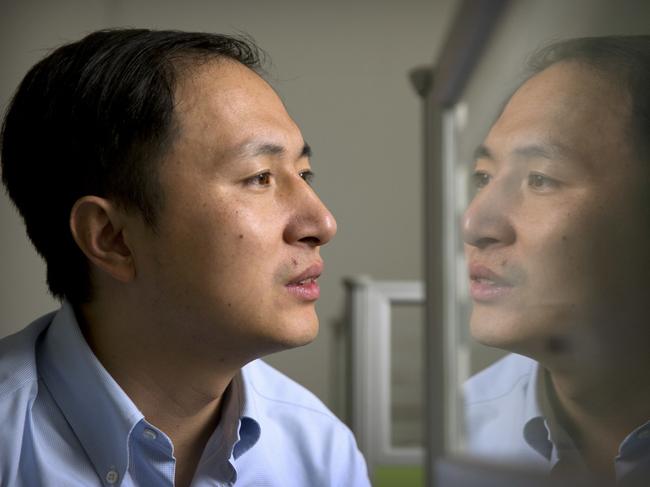 FILE - In this Oct. 10, 2018, file photo, He Jiankui is reflected in a glass panel as he works at a computer at a laboratory in Shenzhen in southern China's Guangdong province. A Chinese investigation says Chinese scientist He, behind the reported birth of two babies whose genes had been edited in hopes of making them resistant to the AIDS virus, acted on his own and will be punished for any violations of the law. (AP Photo/Mark Schiefelbein, File)