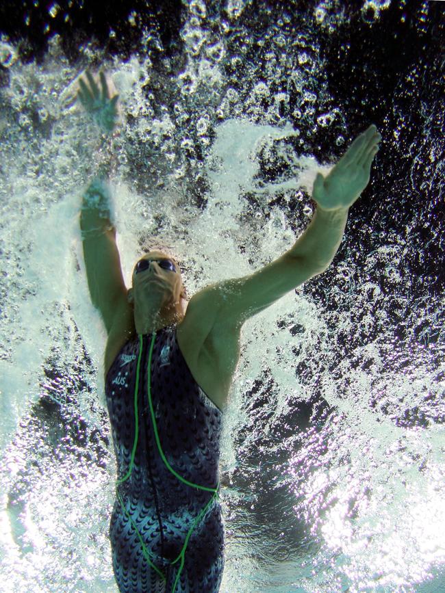 Grant Hackett competes in the 4x200m freestyle relay final during the Athens Olympic Games in 2004. Picture: Donald Miralle/Getty