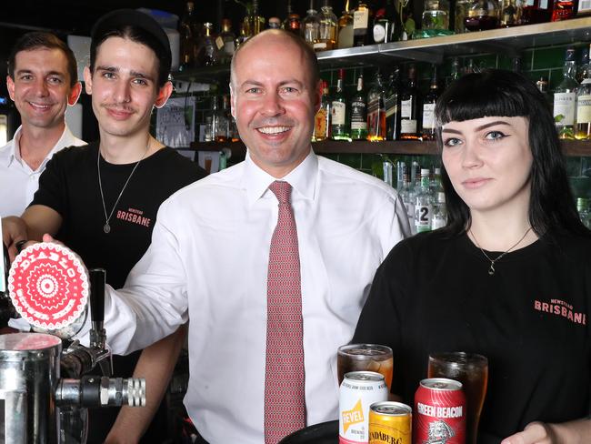 Treasurer Joshua Frydenberg and Trevor Evans MP with Triffid bar staff Dylan Gatt and Hayley Sherriff, Newstead. Photographer: Liam Kidston.