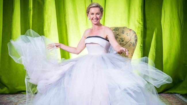 Today host Deb Knight in a Sonia Cappellazzo gown in preparation for the Logies. Picture: Jake Nowakowski