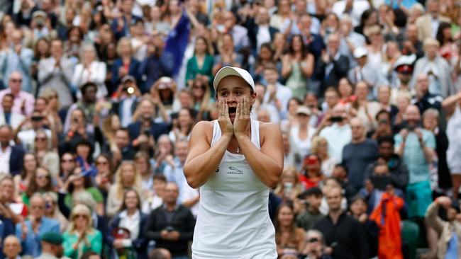 Ashleigh Barty react safter defeating Karolina Pliskova in the Wimbledon final.