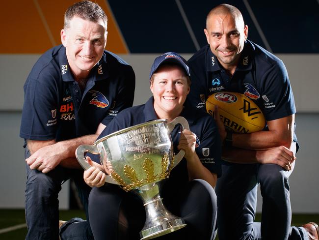 Crows AFLW head coach Bec Goddard with new assistants Peter Caven and Andrew McLeod.