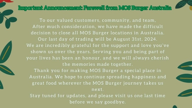 MOS Burger announced it was closing all Australian stores. Picture: Instagram