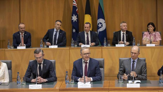 Prime Minister Anthony Albanese with the state premiers and territory chief ministers at a press conference in Parliament House. Picture: NCA NewsWire / Gary Ramage