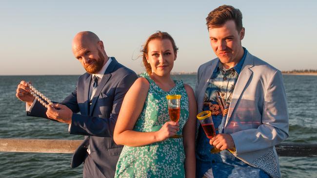 Hills Musical Company production of Dirty Rotten Scoundrels. Rod Schultz (as Laurence), Megan Davidson (Christine) and Sebastian Cooper (Freddie). Picture: Daniel Salmond, supplied,