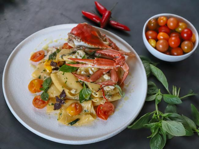 Blue swimmer crab with cherry tomatoes and pasta. Picture: Jenifer Jagielski