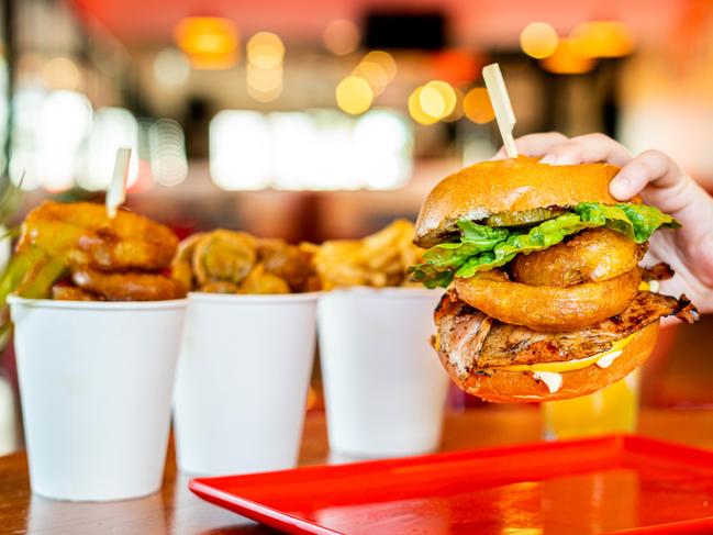 Burgers and onion rings go together at Miss Kay's Birkdale. Picture: Miss Kay's Birkdale.