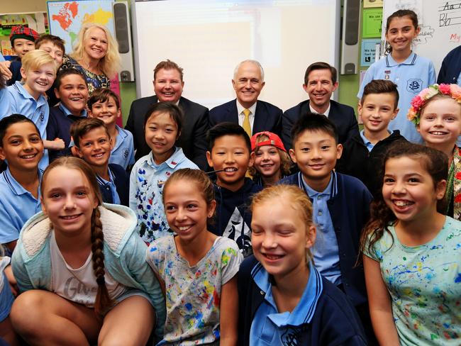 Mr Turnbull poses with students from North Strathfield Public School. Picture: Toby Zerna