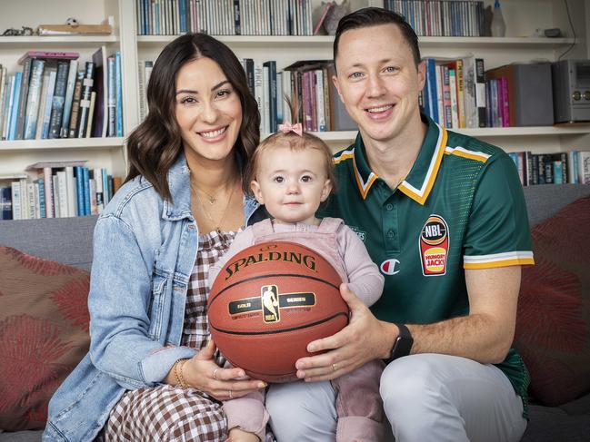 JackJumpers’ star import Josh Magette, with wife Christina and daughter Josephine. Picture: Chris Kidd