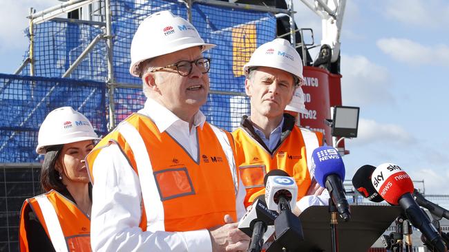 SYDNEY, AUSTRALIA - NewsWire Photos JUNE 12 , 2024:  Prime Minister, Anthony Albanese, with the Premier of New South Wales, Chris Minns, at a press conference during a visit to the construction site of the new Bradfield station in the Western Sydney Aerotropolis.  Picture: NewsWire / John Appleyard