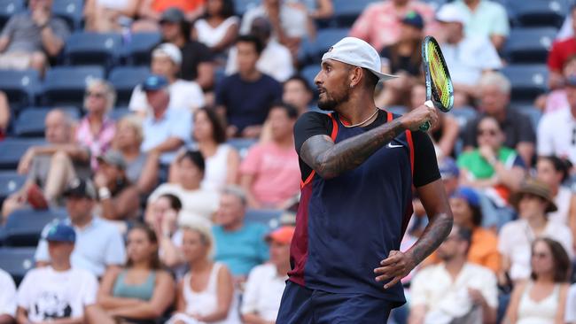 Nick Kyrgios of Australia returns a shot against Benjamin Bonzi of France in their Men's Singles Second Round match on Day Three of the 2022 US Open.