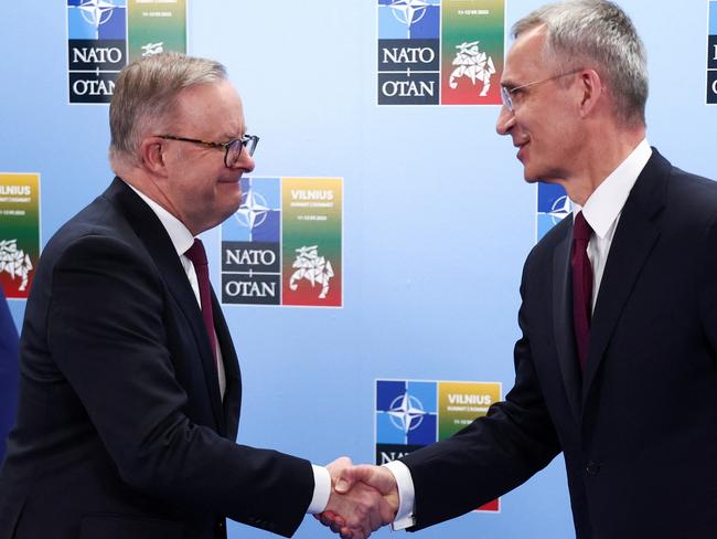 NATO Secretary-General Jens Stoltenber, right, meets with Australian Prime Minister Anthony Albanese during a NATO leaders summit in Vilnius, Lithuania this week. Picture: Reuters