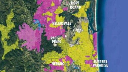 Map of NBN rollout across the Gold Coast and Tweed. Key: Service Available in purple. Build commenced in yellow and Other fibre provider in blue.