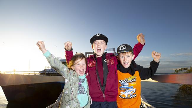 Paige, 6, Tejay, 10, and Jayden Watson, 9, from Regents Park could not wait to wait to get to North Stradbroke Island today to visit their grandparents. Picture: Renae Droop