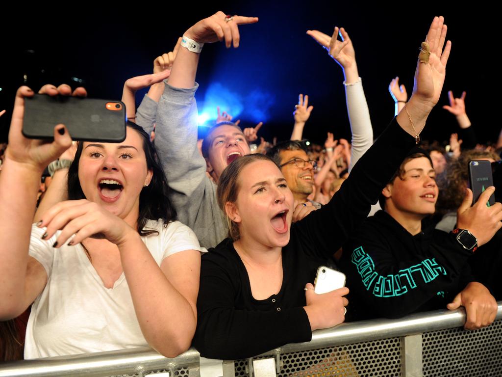 Fans show their delight as Hilltop Hoods play Brisbane Riverstage on Friday, August 23, 2019. They play again Saturday. Picture: John Gass/AAP