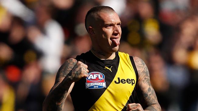 Dustin Martin celebrates a goal during Richmond’s Grand Final win over the Giants.