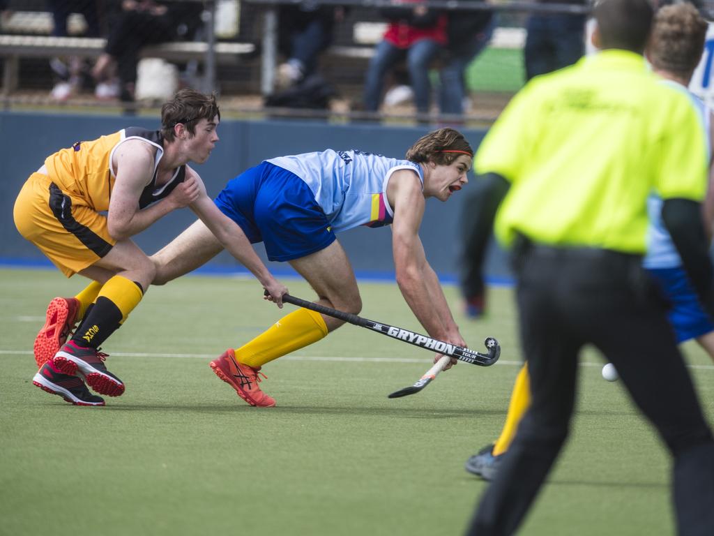 Elijah Mathewson strikes for Toowoomba 1 against Sunshine Coast in Hockey Queensland Championships at Clyde Park, Sunday, May 2, 2021. Picture: Kevin Farmer