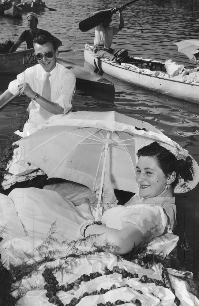 Winners of the 1954 prize for the best-decorated canoe at the Henley-on-Yarra Regatta were Kevin Dupuy and Pat McRostie, of East Brunswick. The regatta was a big event on the social calendars of many Melburnians. Picture: HWT Library.