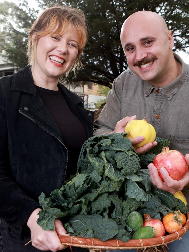 Rose Lacoon Williamson with Jay Marinis and some produce, which will eventually go to the Summit Hotel kitchen. Picture: Kelly Barnes