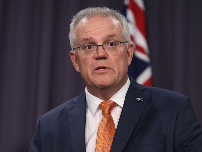 CANBERRA, AUSTRALIA - NewsWire Photos APRIL, 08, 2021:  Prime Minister Scott Morrison during a late press conference at Parliament House in Canberra.Picture: NCA NewsWire/Gary Ramage