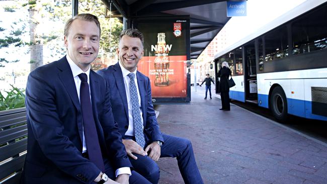 Manly MP James Griffin and Transport Minister Andrew Constance at Manly Wharf in 2017. Picture: Adam Yip