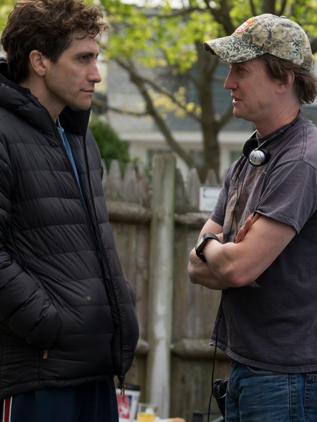 Gyllenhaal on the Boston set of Stronger with the film’s director David Gordon Green. Picture: Roadshow