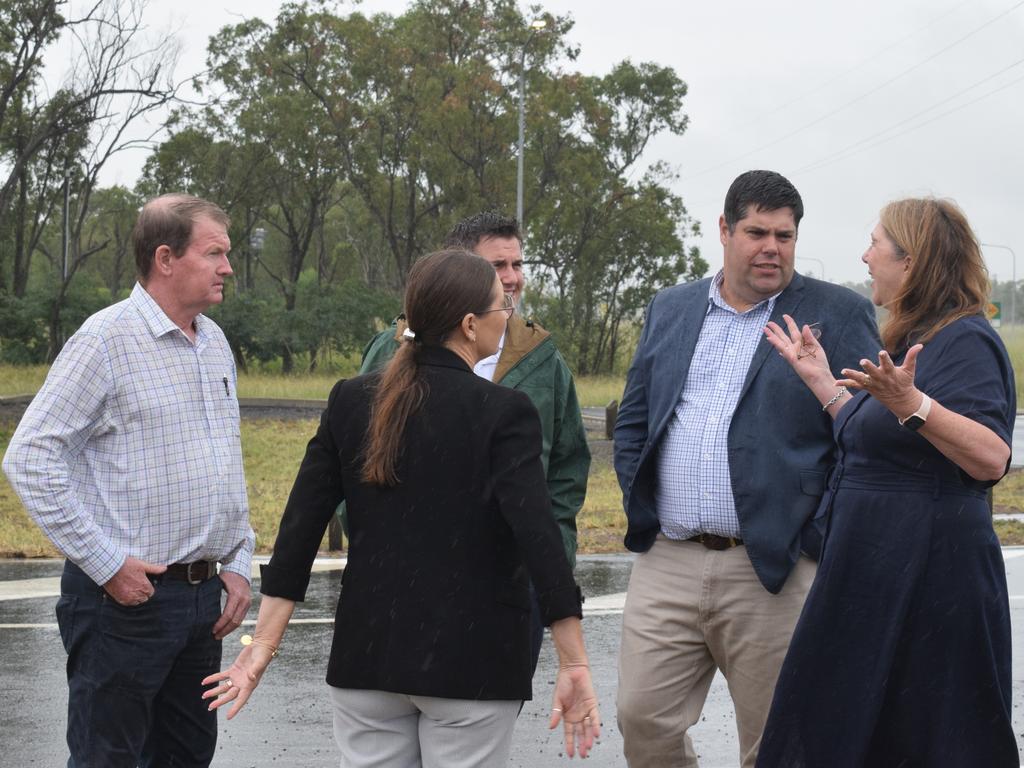 Mirani MP Glen Kelly, Keppel MP Nigel Hutton, Rockhampton MP Donna Kirkland, Qld Transport and Main Roads Brent Mickelberg and Federal Infrastructure, Transport, Regional Development and Local Government Minister Catherine King speaking next to the Bruce Highway at Midgee on March 19, 2025.