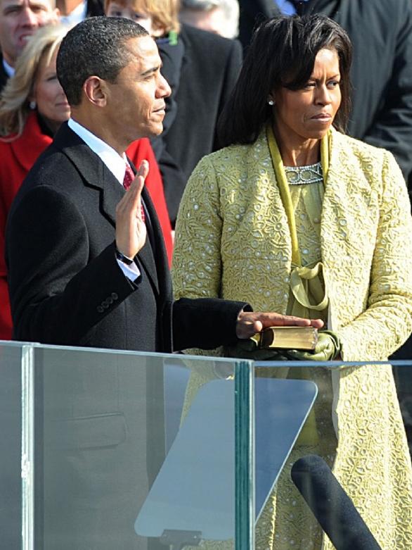 With Barack as he’s sworn in as 44th US president.