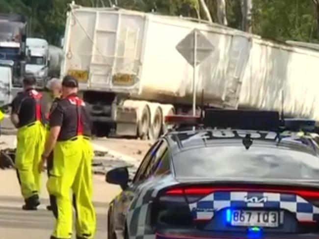 A driver has died after a truck and car collided on the Bruce Highway on Sunday., , The crash occurred in the afternoon near Emmett Creek , 30 min south of Townsville, Queenland. Picture: 7News
