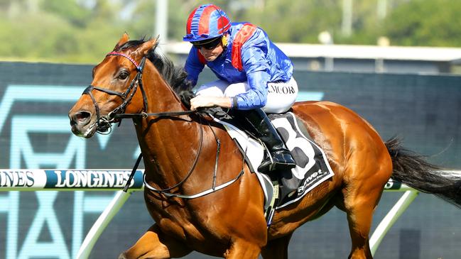 Dubai Honour (Ryan Moore) wins the Ranvet Stakes on Golden Slipper Day at Rosehill last year. Picture: Jeremy Ng / Getty Images