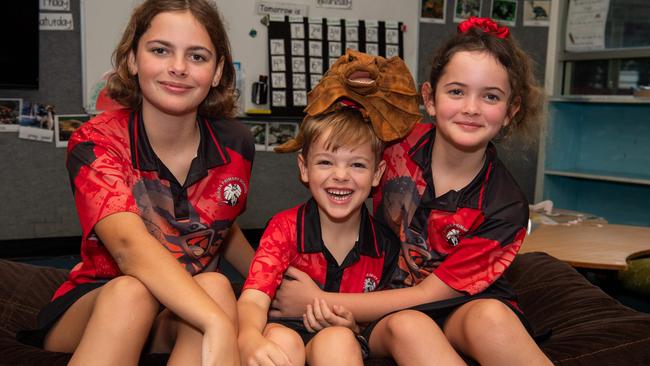 Halle, Stella, and Reuben Wedel are excited to start the 2024 school trip at Alawa Primary School. Picture: Pema Tamang Pakhrin