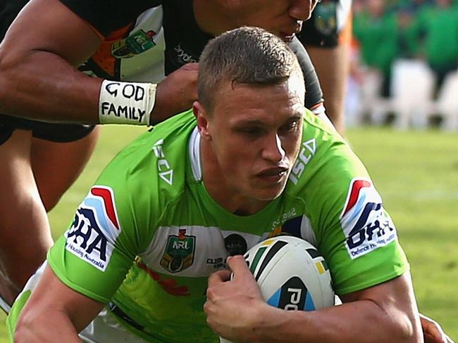 SYDNEY, AUSTRALIA - APRIL 19: Jack Wighton of the Raiders scores a try during the round seven NRL match between the Wests Tigers and the Canberra Raiders at Leichhardt Oval on April 19, 2015 in Sydney, Australia. (Photo by Cameron Spencer/Getty Images)