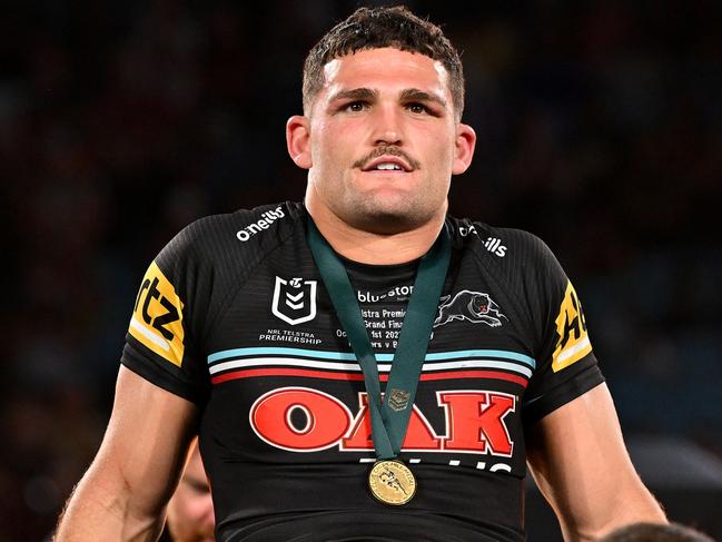 SYDNEY, AUSTRALIA - OCTOBER 01: Nathan Cleary of the Panthers reacts after receiving his winners' medal during the 2023 NRL Grand Final match between Penrith Panthers and Brisbane Broncos at Accor Stadium on October 01, 2023 in Sydney, Australia. (Photo by Bradley Kanaris/Getty Images)