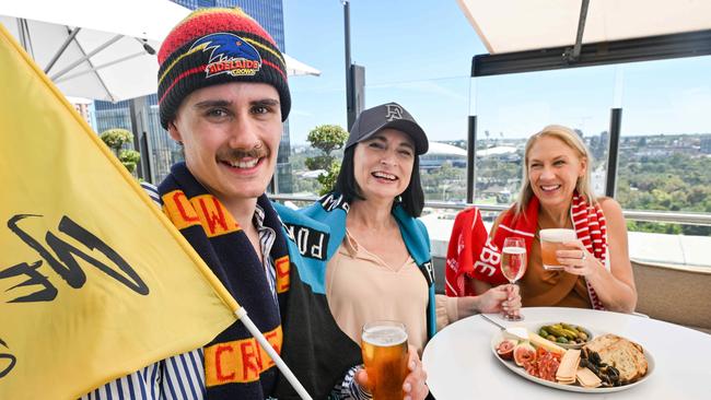 MARCH 28, 2024: Trent Mahony, Kerry Bray and Alex Pledge at 2KW preparing for the AFL Gather Round weekend. Picture: Brenton Edwards