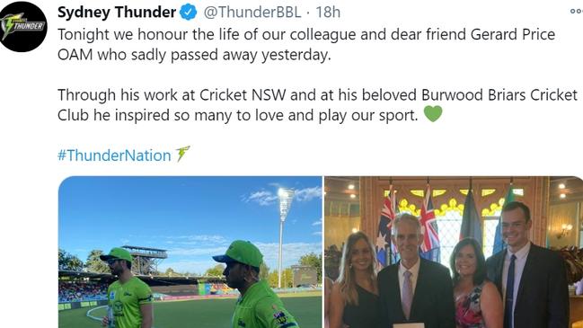 The Sydney Thunder wore black armbands to honour Gerard Price in a match against the Brisbane Heat. Picture: Sydney Thunder Twitter