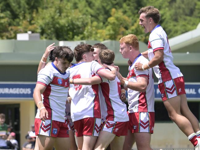 Monaro celebrates a try. Picture: Martin Ollman. SLE Laurie Daley Cup Round 2 - Monaro Colts vs Macarthur Wests Tigers  NSWRLHQ Bruce, Canberra, 17 February 2025