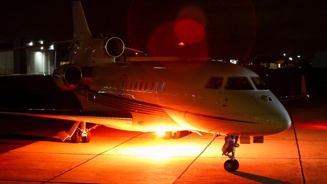 The private jet that transported the coffin of Shane Warne arriving at Melbourne airport from Bangkok on March 10. Picture: AFP