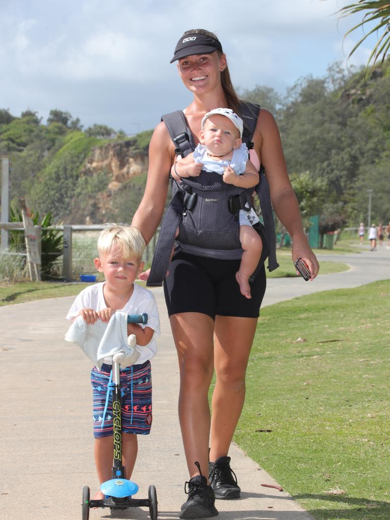 Jess Harvey with Billy Pyke 2 and Lola Pyke 7 months, from Robina.. Picture Glenn Hampson