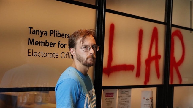 Images posted on activist group Rising Tides’ social media show Environment Minister Tanya Plibersek’s office being vandalised. Picture: Supplied