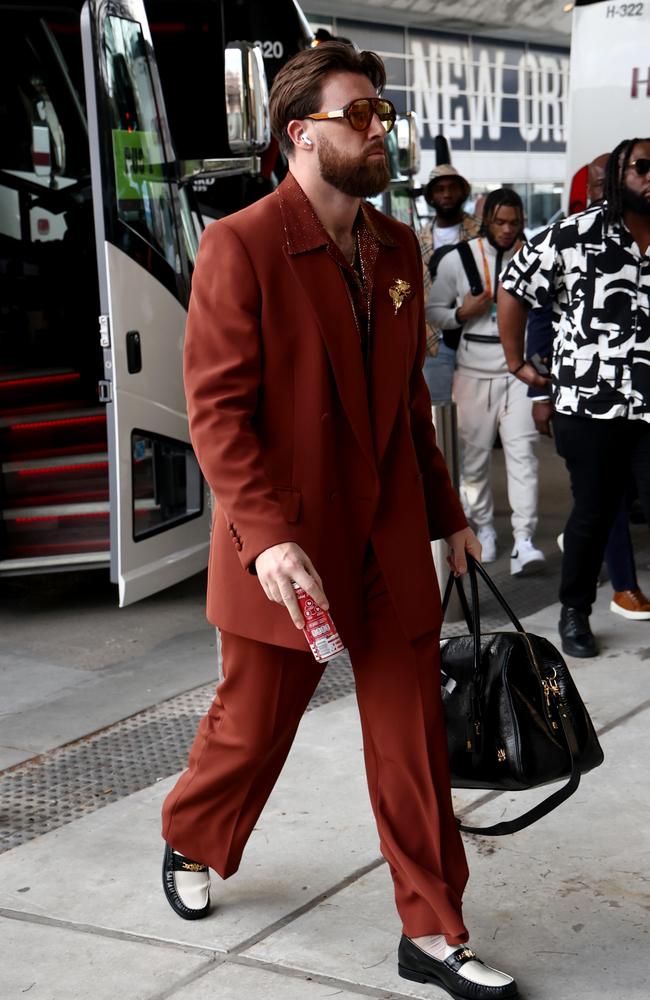 Travis Kelce showed off his fashionable flair before the Super Bowl. Picture: Getty Images