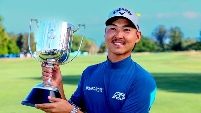 Min Woo Lee celebrates his win at last year’s Australian PGA Championship. Picture: Patrick Hamilton / AFP