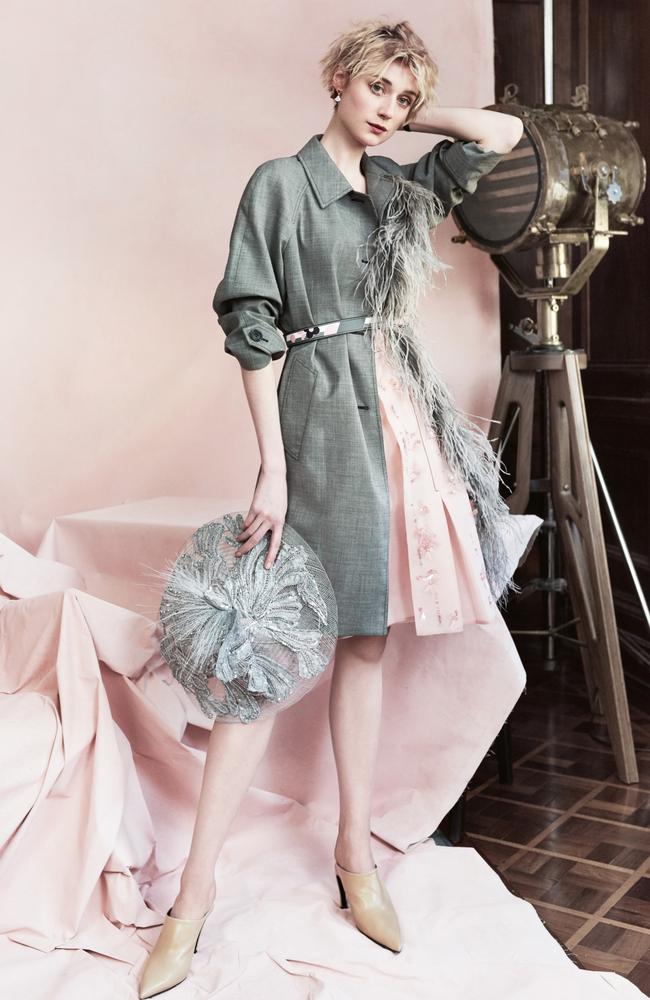 Debicki wears Prada trench coat, skirt and belt, Neil Grigg hat, Balenciaga shoes. Photo: Duncan Killick