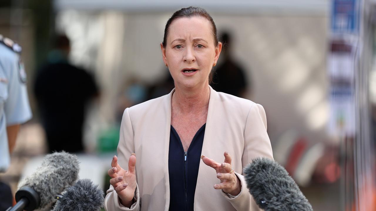 Minister for Health Yvette D'Ath speaking at a press conference at the QUT Gardens Point Pop-Up Vaccination Hub. Pics Tara Croser.