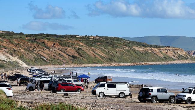 Cars line the sand at Moana Beach. Picture: Dylan Coker