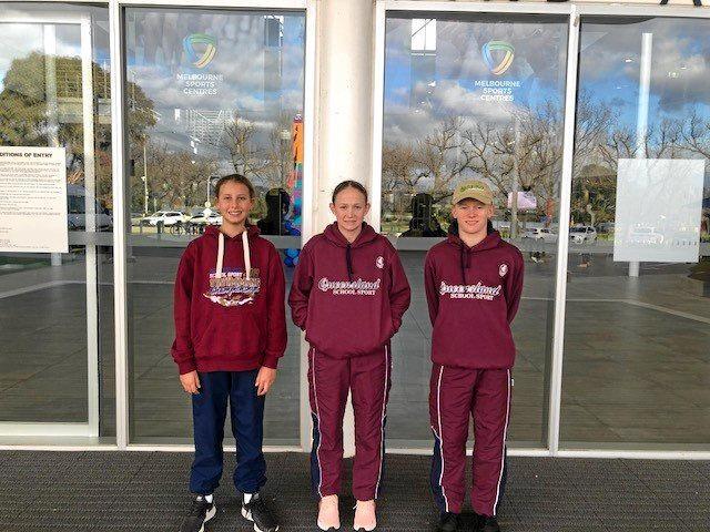 Rockhampton swimmers Amelie Smith, Taryn Roberts and Lachlan Kuss ready to represent Queensland at the national schools swimming championships in Melbourne. Picture: CONTRIBUTED