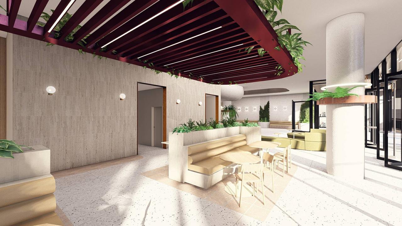 Artist impression of the lobby and cafe area for the proposed 33-storey student accommodation tower for Trinity Church on North Tce. Picture: Brown Falconer