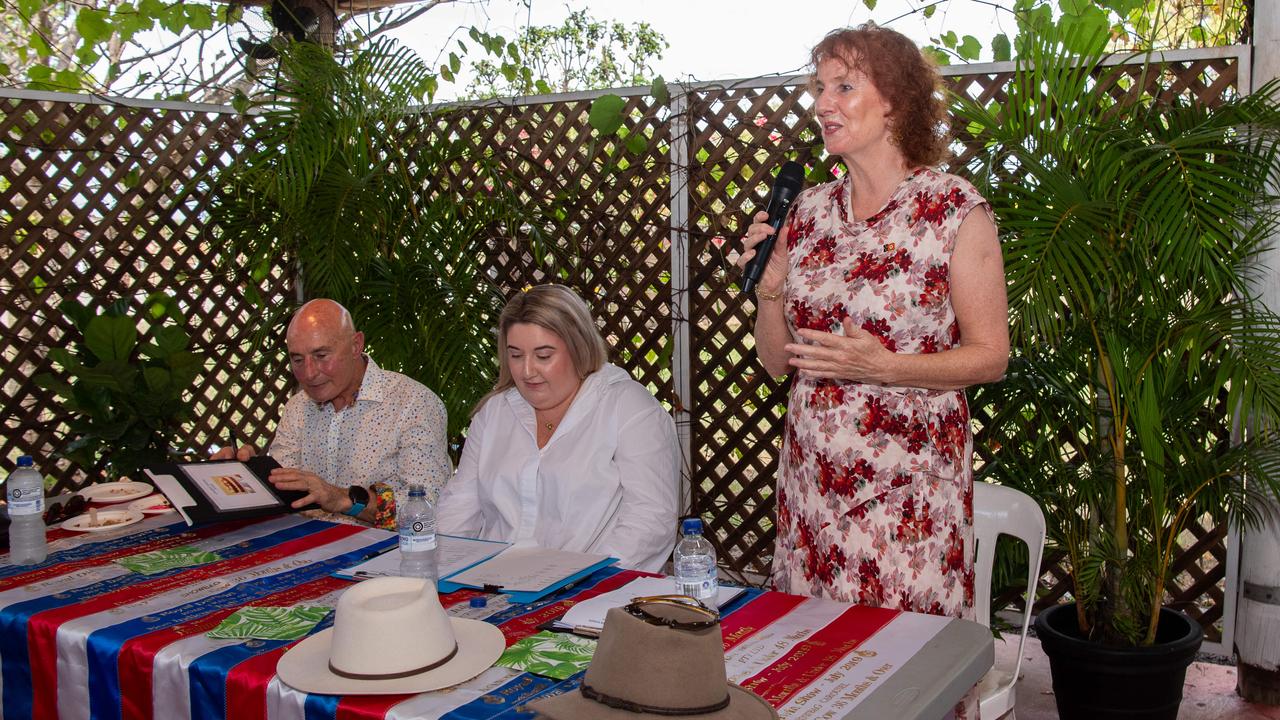 His Honour Professor the Honourable Hugh Heggie AO PSM, Melanie Plane NT News Editor and Ms Ruth Eirwen Jones announcing the winners name during the 2024 Royal Darwin Show bake off. Picture: Pema Tamang Pakhrin